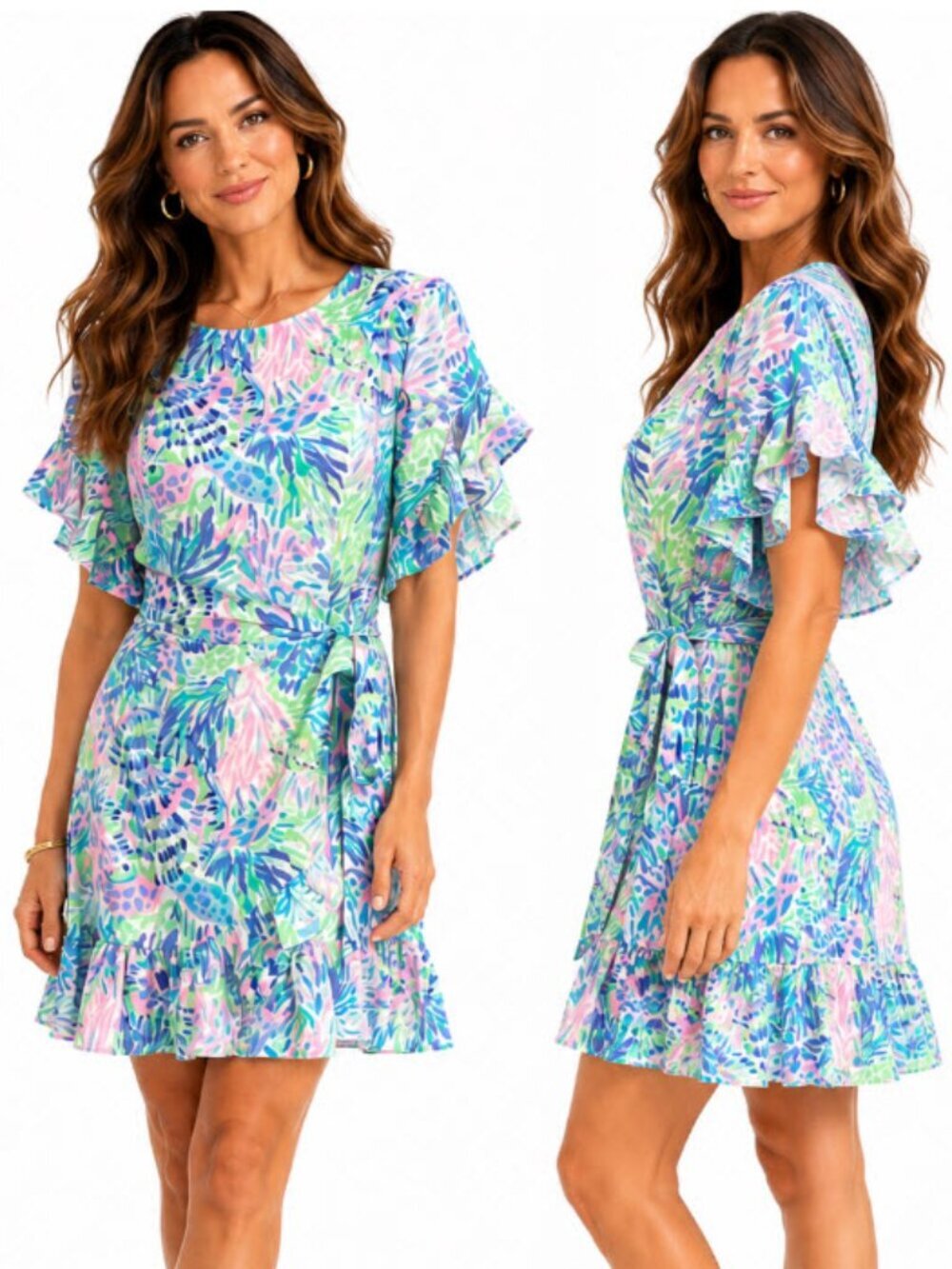 Lilly Pulitzer Floral Wrap Dress Ruffle Sleeve Resort Pink Blue Mint Size 2